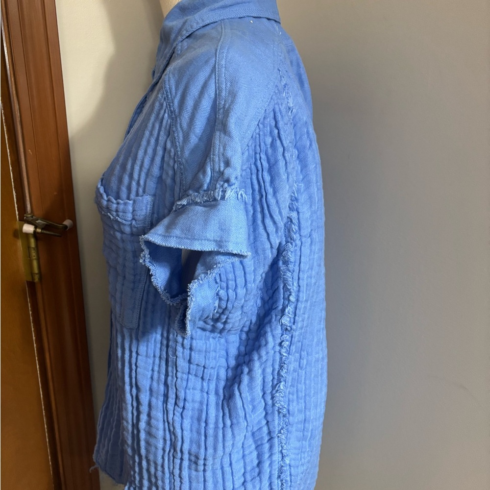 We The Free Button Up Shirt Blue Linen Blend Oversized Short Sleeve Collared - Picture 3 of 10